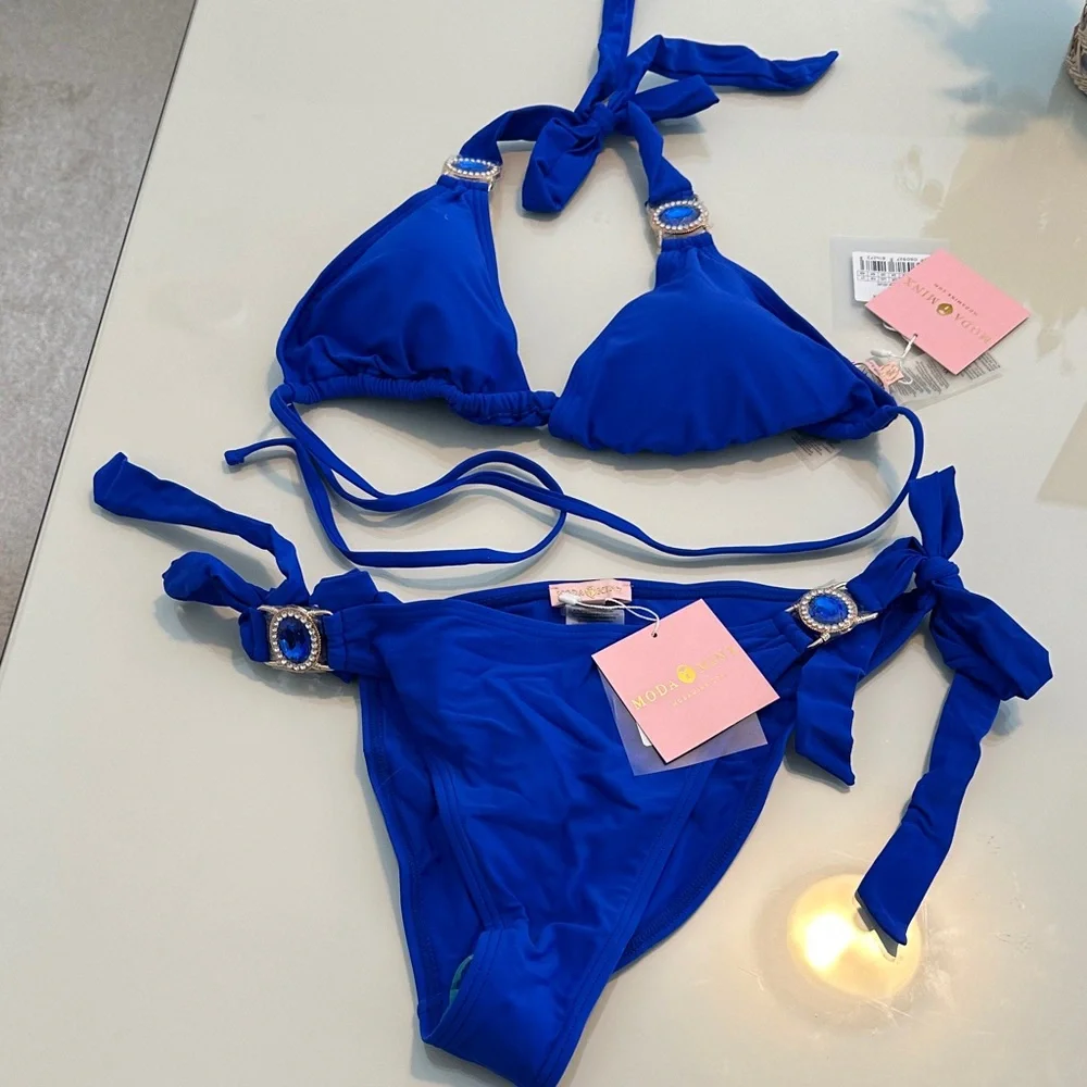 NWT Moda Minx Amour Bikini Azul Blue Bikini with Jewel Detail Top XL Bottom L